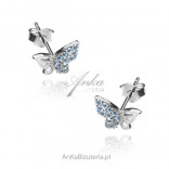 Silver children's earrings BUTTERFLIES with tiny blue cubic zirconia