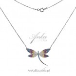 Silver dragonfly necklace with colorful zircons and turquoise