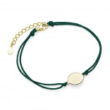 Silver bracelet with a green string and a gold-plated circle