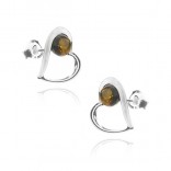 Silver earrings HEARTS with cherry amber with green scales