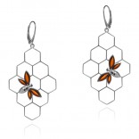Silver earrings with amber - bee on a honeycomb - cherry