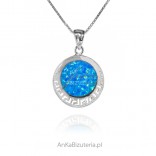 Silver pendant with blue opal with the Greek HESTIA pattern
