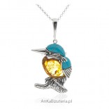 Silver pendant with amber and turquoise ZIMORODEK - medium
