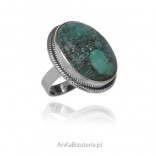 Silver ring with a beautiful turquoise with an oxidized border, size UNIKAT 14