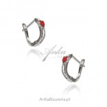 Silver children's earrings on an English clasp with a red heart and cubic zirconia