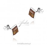 SQUARE silver earrings with cognac amber