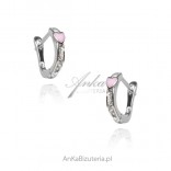 Silver children's earrings with a pink heart and cubic zirconia