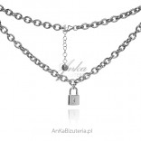 Large silver necklace with a PADLOCK with cubic zirconia
