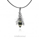 Silver pendant industrious BEE with white - cherry amber