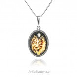 Silver pendant WILK carving in amber