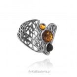 Oxidized silver ring with cognac and cherry amber adjustable