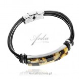 Men's leather and amber bracelet