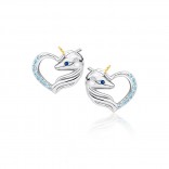 Silver unicorn earrings in a heart with aquamarine zircons and a blue eyelet