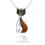 Silver pendant KOTEK with green and cognac amber
