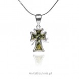 Silver cross with green amber