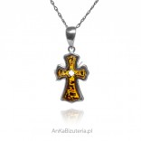 Silver pendant CROSS with cognac amber