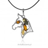 Silver pendant HORSE with amber