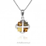 Silver pendant JERUSALEM CROSS with colored amber