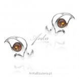 Silver children's earrings with amber CATS