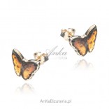 Gold-plated silver earrings BUTTERFLIES with amber