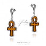 Silver earrings with cognac Ankh amber
