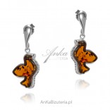 Silver earrings with cognac amber PIGEONS