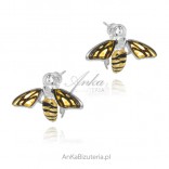 Silver earrings with amber BEES, engraved and gold-plated