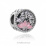 Sterling silver Charms pendant with pink flower and cubic zirconia