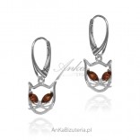 Silver earrings CATS with amber