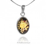 Silver pendant with carved amber FLOWER
