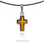Silver CROSS pendant with cognac amber