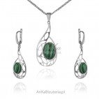 Komplet biżuterii srebrnej z zielonej malachitem