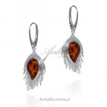 Silver earrings FEATHER with cherry amber