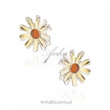 Silver earrings DAISES with amber and gold-plated