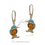 Gold-plated silver earrings with turquoise and amber