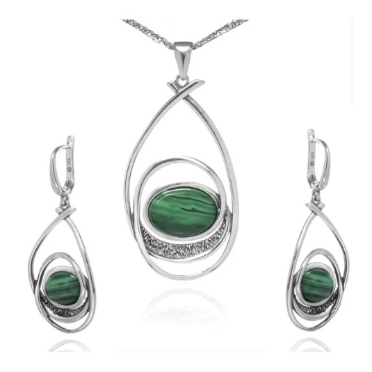 Komplet biżuteria srebrna z  zielonym malachitem