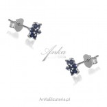Subtle silver earrings with navy blue zircons FLOWERS