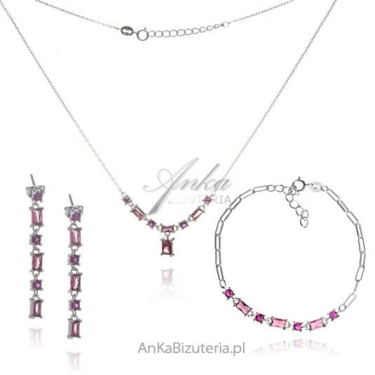 Kolczyki, naszyjnik i bransoletka srebrny  z rubinową cyrkonią