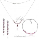 Silver earrings, necklace and bracelet with ruby zircon