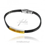 Silver bracelet on black leather with yellow amber - narrow