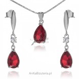 Elegant silver jewelry set with red wine crystals