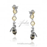 Silver earrings with amber BEES ON HONEYCOMB