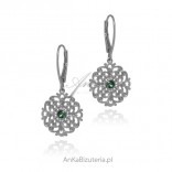 Silver rosette earrings with green zircon