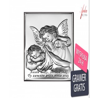 Srebrny obrazek Aniołek z latarenką nad dzieckiem 6* 9 cm "Aniele Boży.."