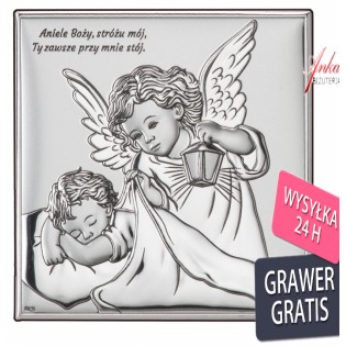 Obrazek srebrny Aniołek nad dzieciątkiem 7*7 cm -  "Aniele Bozy stróżu mój.."
