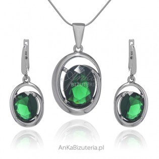 Biżuteria srebrna z zieloną cyrkonią  - Komplet NATALIA