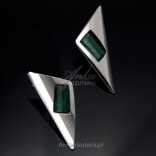Silver earrings oxidized with natural dark green malachite