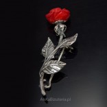 Original Silver Jewelry - Silver ROSE brooch with coral