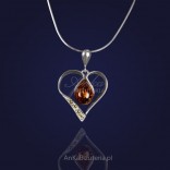 Silver pendant with amber and zircons HEART