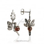 Filigree dragonflies - silver earrings oxidized with natural amber